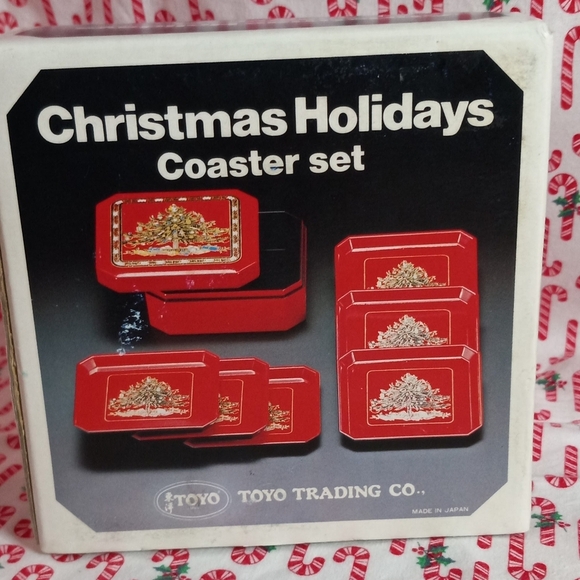 Vintage Red Lacquer 6 Piece Christmas Holiday Coasters Made in Japan. - Picture 3 of 6